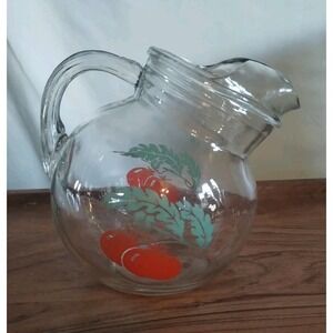 VINTAGE SMALL GLASS PITCHER w/ICE LIP BULBOUS TOMATO PRYOGRAPHICS JUICE PITCHER